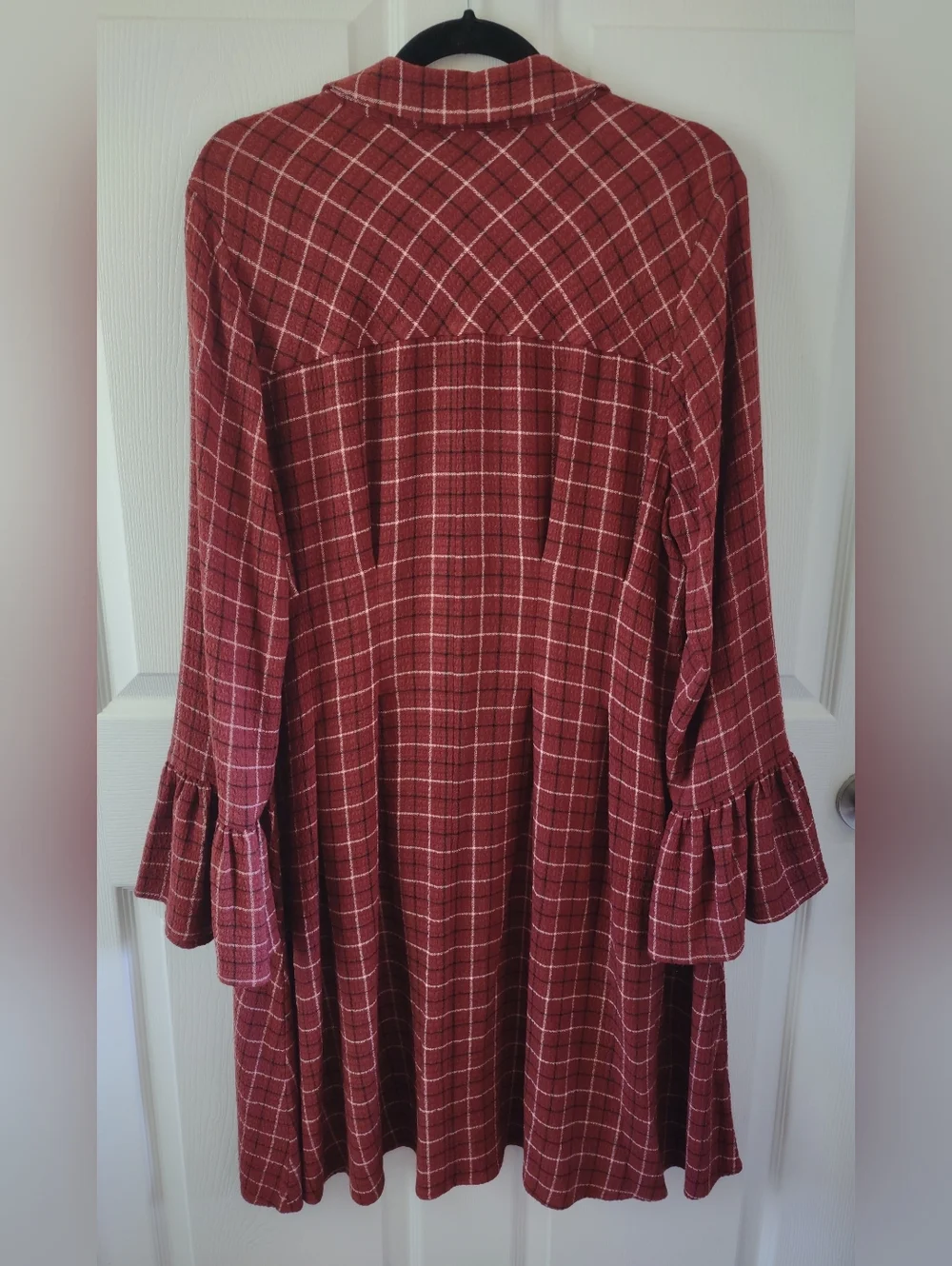 TORRID SIZE 1 / 1X Brown Plaid Gauze Long Bell Sleeve Mini Shirt Dress, Buttons - Picture 3 of 8